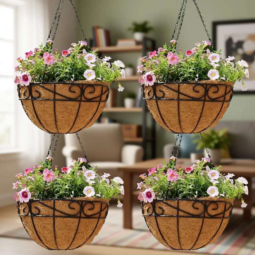 12-дюймовые уличные металлические подвесные кашпо с цепями и клетчатыми вкладышами
12-дюймовые уличные металлические подвесные кашпо с цепями и клетчатыми вкладышами