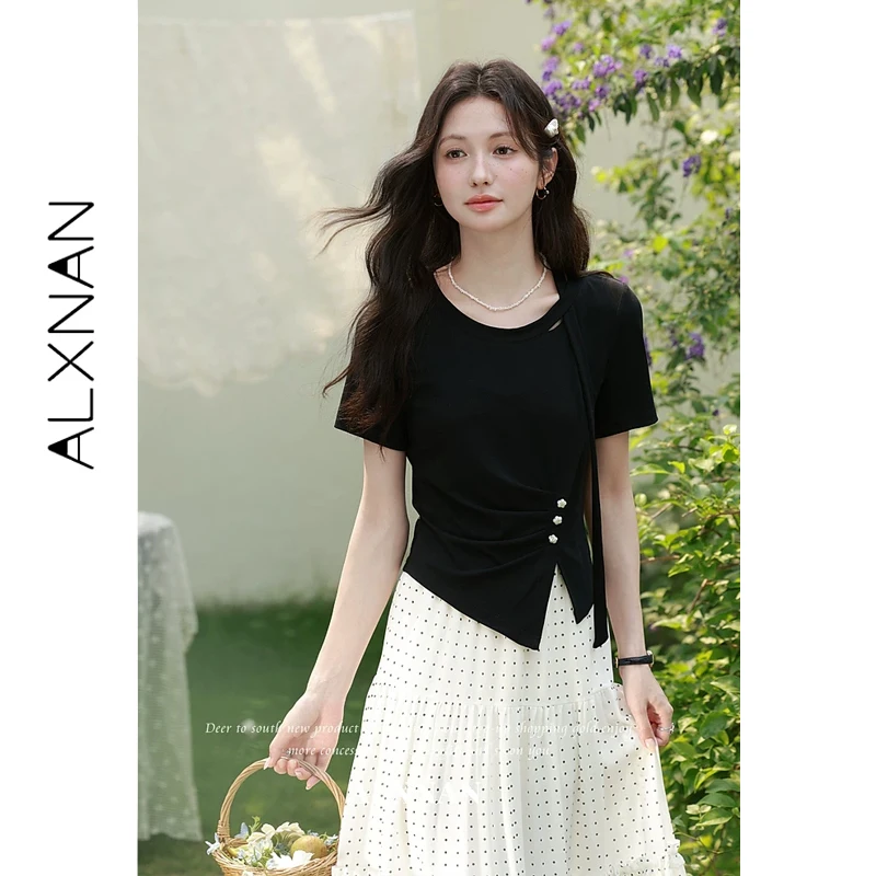 ALXNAN Women's T-shirt Summer Black Pleated Button Split Design Short Sleeve Top Casual Fashion Ladies Clothing New 2026 L65309
ALXNAN Women's T-shirt Summer Black Pleated Button Split Design Short Sleeve Top Casual Fashion Ladies Clothing New 2026 L65309