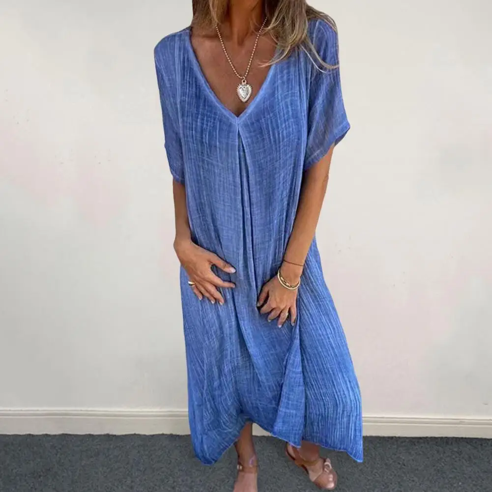 Women Summer Dress V Neck Short Sleeves Loose Midi Dress Solid Color Thin Soft Bohemian Style Mid-calf Length Beach Dress
Women Summer Dress V Neck Short Sleeves Loose Midi Dress Solid Color Thin Soft Bohemian Style Mid-calf Length Beach Dress