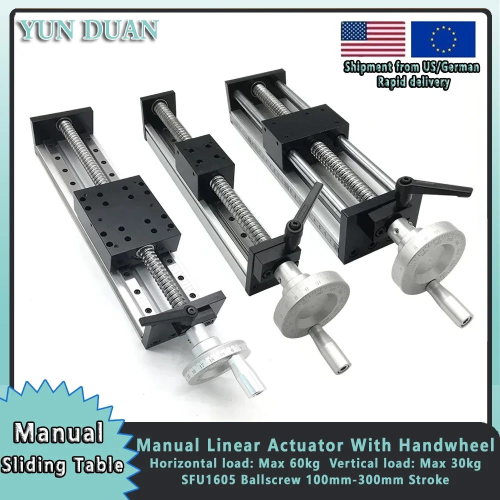 100mm-300mm Stroke SFU1605 C7 Ballscrew Manual Linear Actuator Sliding Table Stage Handwheel Linear Rail for CNC 3D Printer 60KG
100mm-300mm Stroke SFU1605 C7 Ballscrew Manual Linear Actuator Sliding Table Stage Handwheel Linear Rail for CNC 3D Printer 60KG