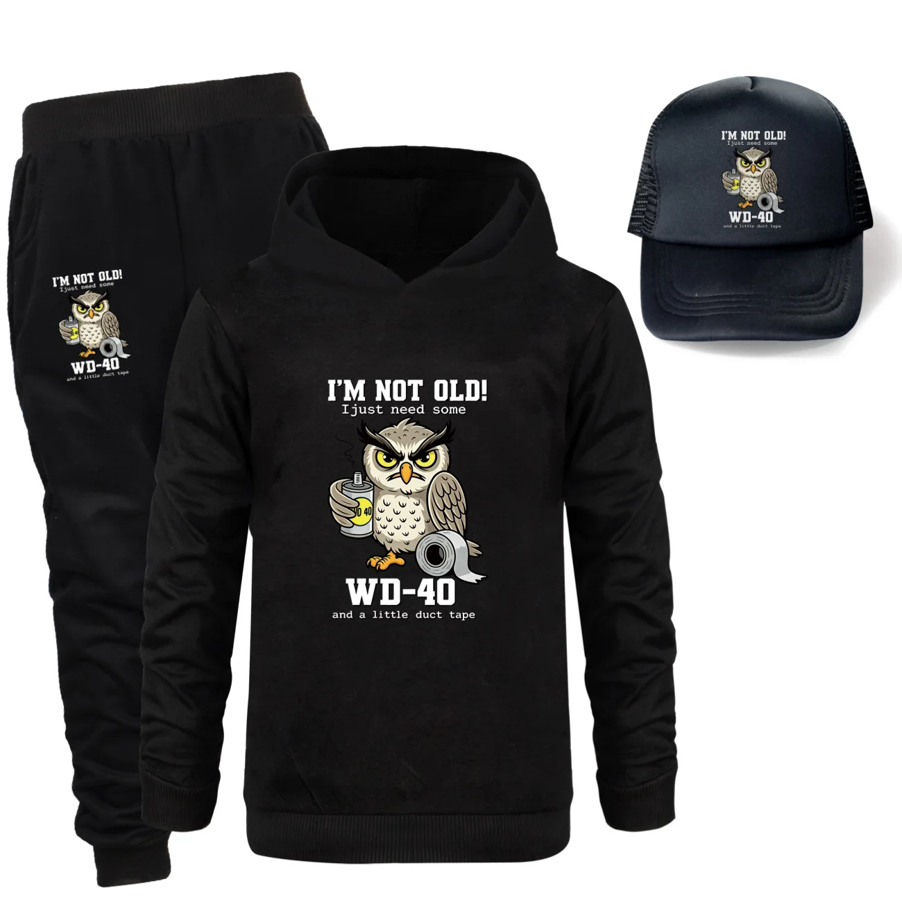 Kids Owl tops Boys Girls OwlIm Not Old Three piece Children's Hoodie+Pants+Sunshade Hat Set
Kids Owl tops Boys Girls OwlIm Not Old Three piece Children's Hoodie+Pants+Sunshade Hat Set
