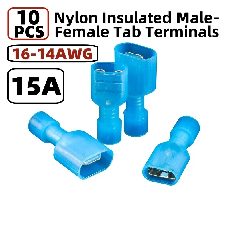 10PCS Nylon Insulated Male-Female Tab Terminals MDFN2-250 - 16-14 AWG Spring Connectors for Automotive, Household & Light Repair
10PCS Nylon Insulated Male-Female Tab Terminals MDFN2-250 - 16-14 AWG Spring Connectors for Automotive, Household & Light Repair