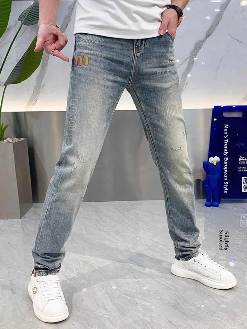 Comfortable Lightweight Men's Jeans with Printed Letters Faionable Spring Summer Light Colored Elastic Slim Fit Long Pants
Comfortable Lightweight Men's Jeans with Printed Letters Faionable Spring Summer Light Colored Elastic Slim Fit Long Pants