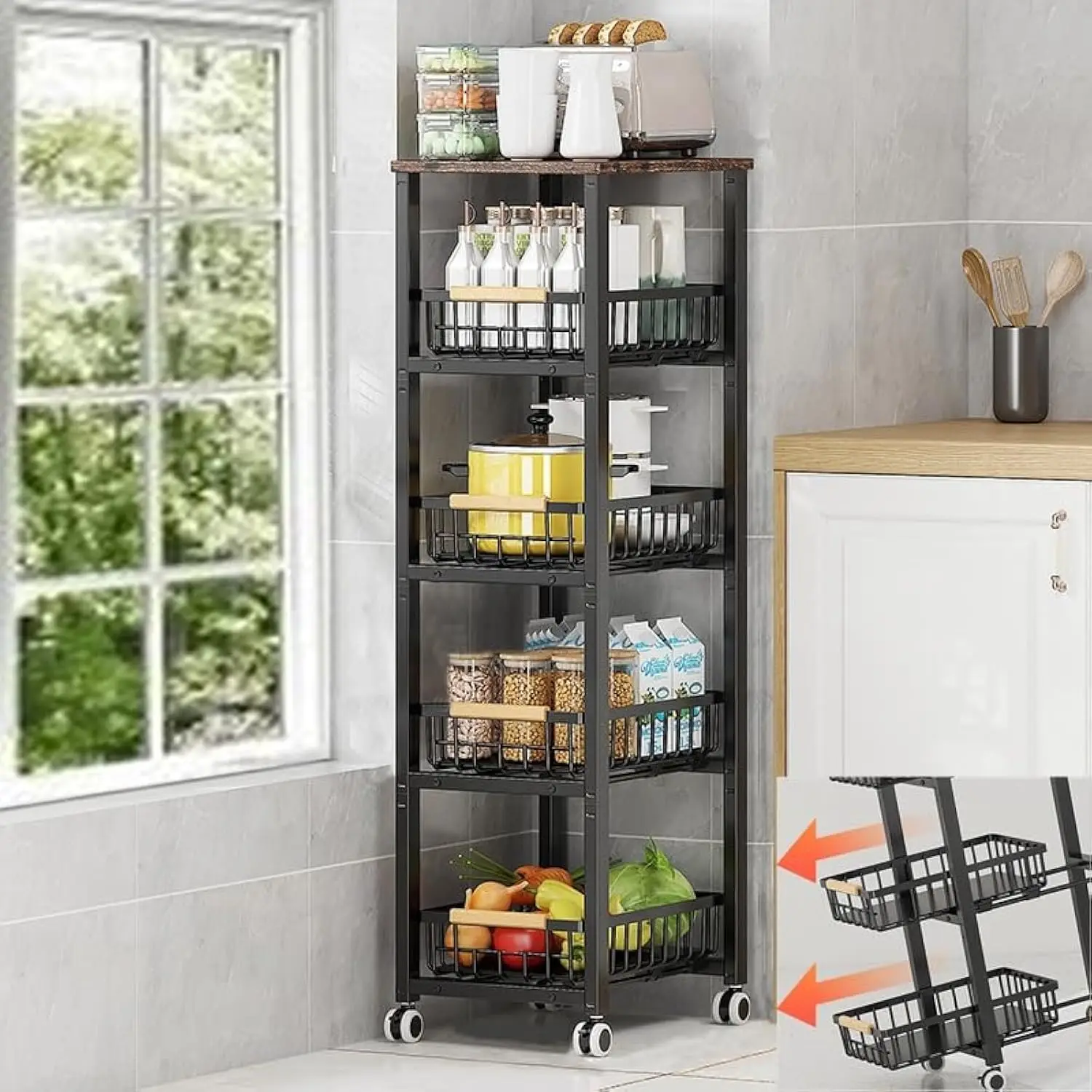 Stackable Wire Baskets with Wheels, Multi-Layer Kitchen Organizer Shelf with Slide Drawer