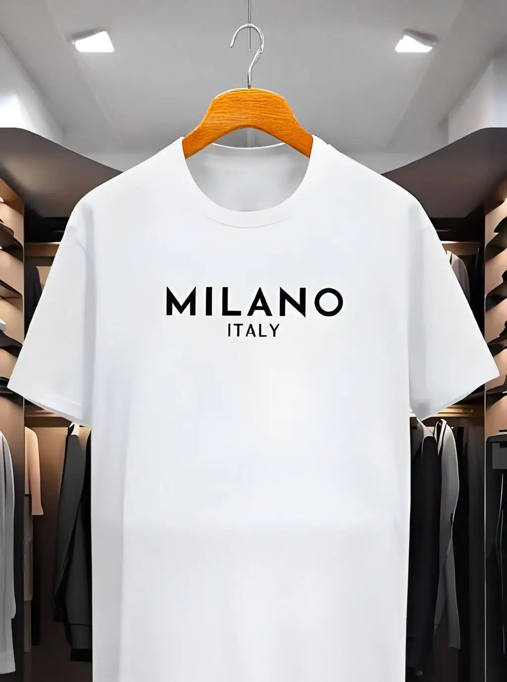 Summer trendy T-shirt with Italian Milan letters printed, casual, loose and fashionable, 100% polyester woven men's clothing
Summer trendy T-shirt with Italian Milan letters printed, casual, loose and fashionable, 100% polyester woven men's clothing