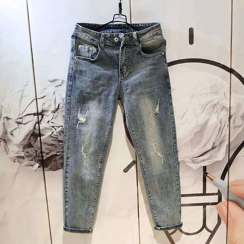 New Autumn Spring Men's Denim Slim Cut Casual Pencil Pants Blue Vintage Washed Distressed Ripped Skinny Trousers Stretch Jeans
New Autumn Spring Men's Denim Slim Cut Casual Pencil Pants Blue Vintage Washed Distressed Ripped Skinny Trousers Stretch Jeans