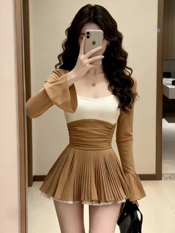 Elegant Khaki U-Neck Long Sleeve Waist-Cinched Pleated Short Skirt Women's Spring Dress Classy Beautiful A-Line Midi Dress
Elegant Khaki U-Neck Long Sleeve Waist-Cinched Pleated Short Skirt Women's Spring Dress Classy Beautiful A-Line Midi Dress