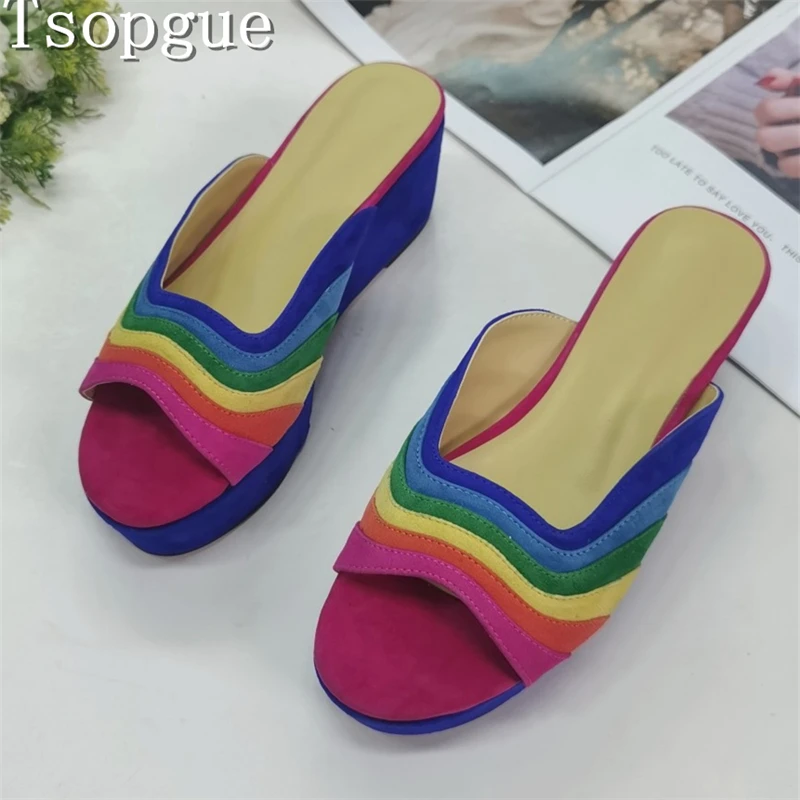 Rainbow Color Block Wedge Sandals Women New Fashion Open Toe Slip-On Platform Mules for Summer Beach & Casual Wear
Rainbow Color Block Wedge Sandals Women New Fashion Open Toe Slip-On Platform Mules for Summer Beach & Casual Wear