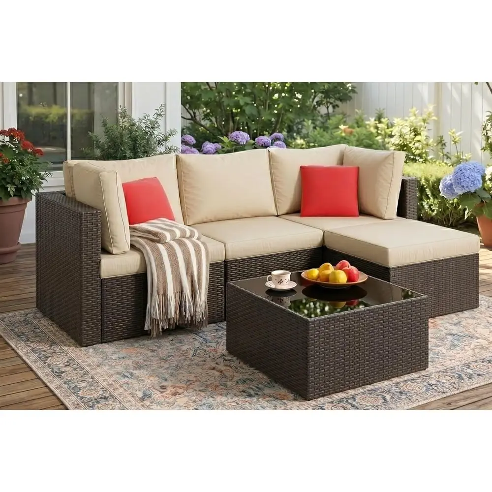 5-Piece Outdoor Patio Furniture Set with Sectional Sofa, Weather-Resistant Rattan Couch, Ottoman, and Glass Table in Beige
5-Piece Outdoor Patio Furniture Set with Sectional Sofa, Weather-Resistant Rattan Couch, Ottoman, and Glass Table in Beige
