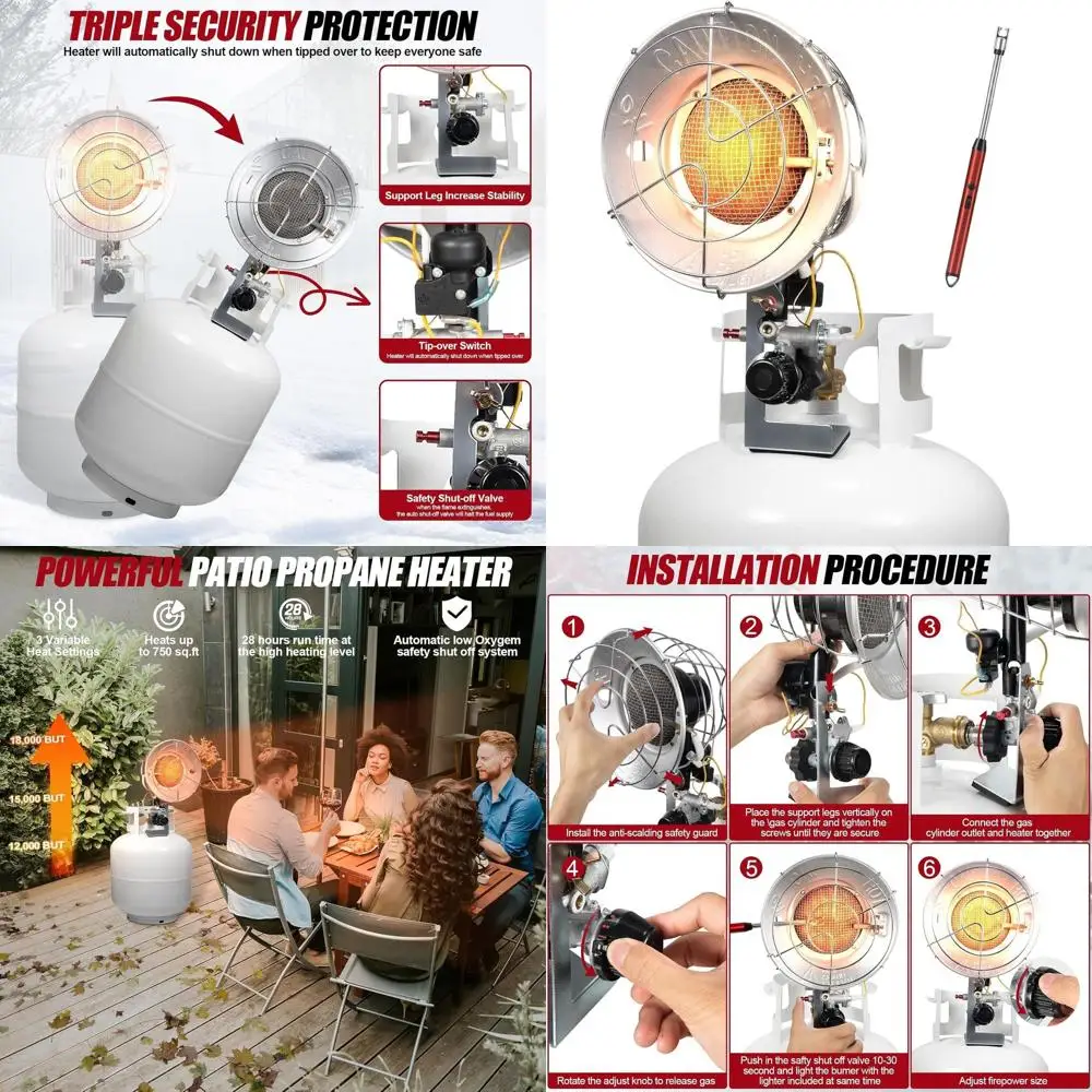 Portable Propane Heater, 12-18,000 BTU, USB Rechargeable Lighter, Shut-off Valve, Tip-over Switch, 3 Settings for Outdoor Use
Portable Propane Heater, 12-18,000 BTU, USB Rechargeable Lighter, Shut-off Valve, Tip-over Switch, 3 Settings for Outdoor Use