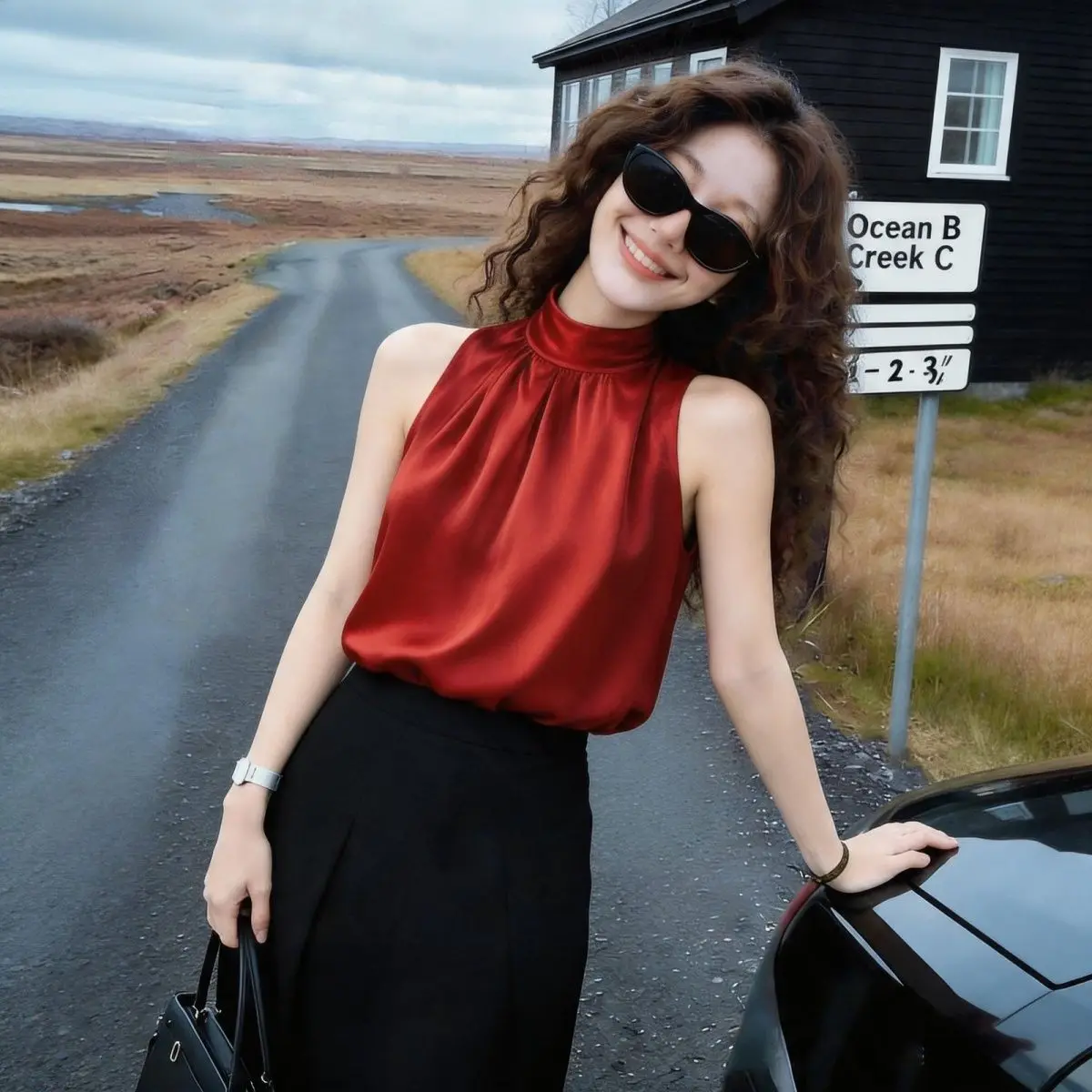 Elegant Red Hanging Neck Shirt Satin Fabric Sleeveless Women's Top Age-Defying Shoulder Bared Classy Style for Ladies
Elegant Red Hanging Neck Shirt Satin Fabric Sleeveless Women's Top Age-Defying Shoulder Bared Classy Style for Ladies