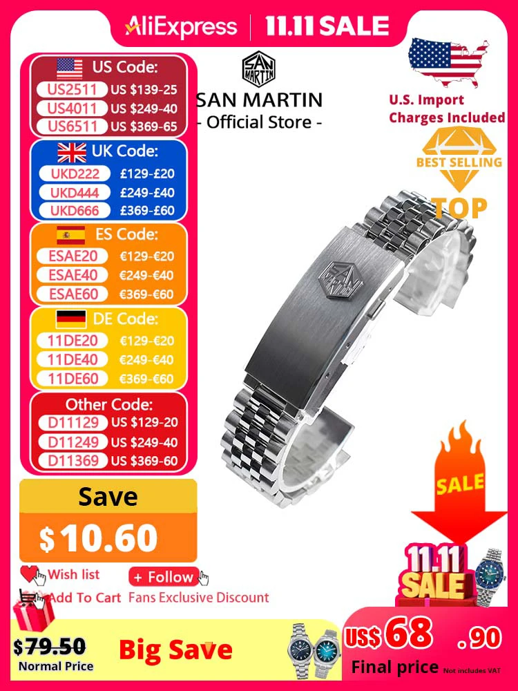 San Martin 316L Stainless Steel 5 Links J Bracelet Watch Parts For 20mm Curved End Links Fly Adjustable Clasp For SN0008 SN0128
San Martin 316L Stainless Steel 5 Links J Bracelet Watch Parts For 20mm Curved End Links Fly Adjustable Clasp For SN0008 SN0128