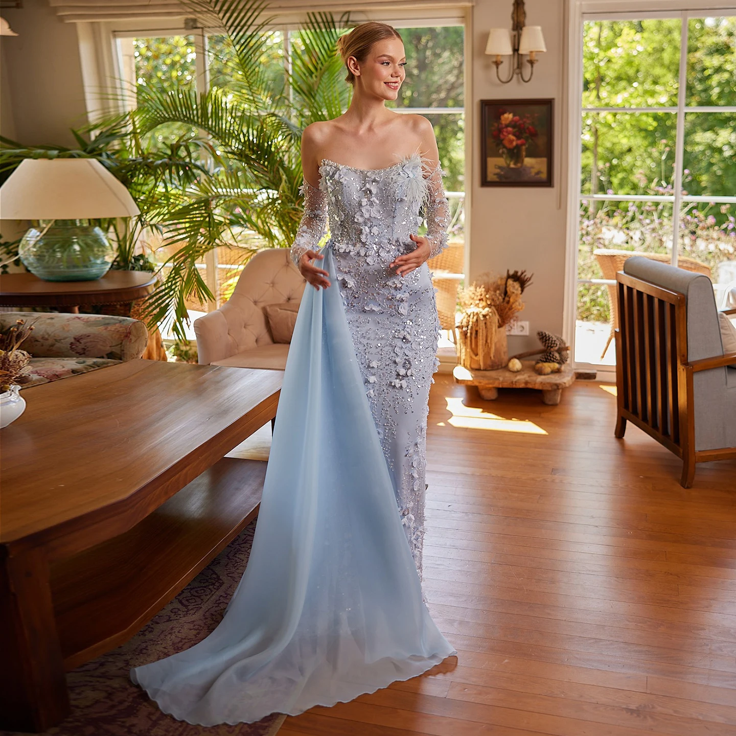 Sharon Said Elegant Blue 3D Flowers Feathers Mermaid Evening Dress with Sleeves Pink Women Wedding Party Gowns SS342 Customized
Sharon Said Elegant Blue 3D Flowers Feathers Mermaid Evening Dress with Sleeves Pink Women Wedding Party Gowns SS342 Customized