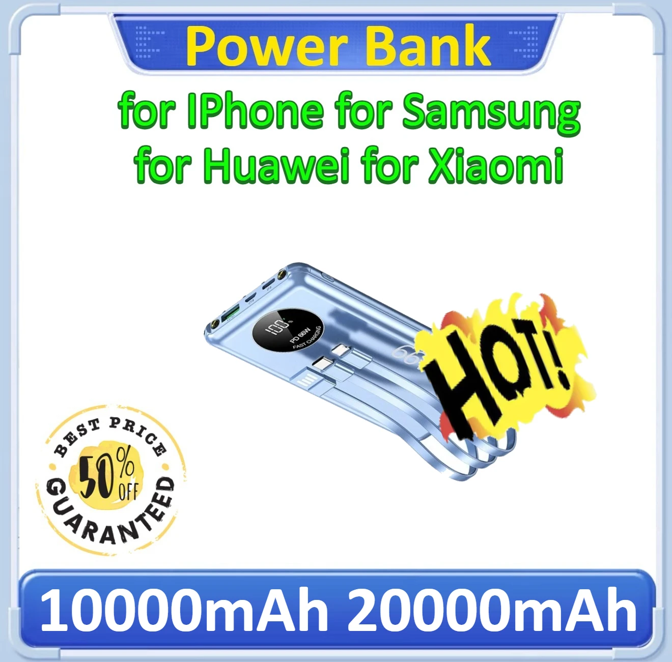 66W Power Bank Super Fast Charging Powerbank Built in Cable for Samsung for Xiaomi for IPhone 10000mAh 20000mAh
66W Power Bank Super Fast Charging Powerbank Built in Cable for Samsung for Xiaomi for IPhone 10000mAh 20000mAh