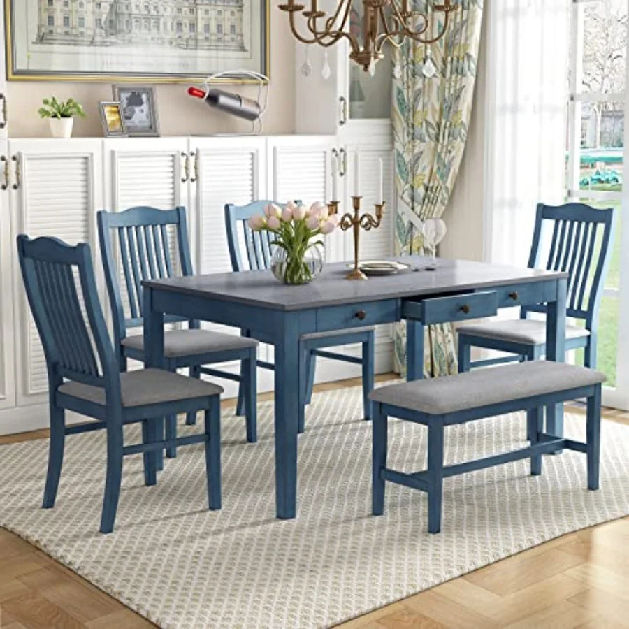 Vintage 6-Piece Dining Table Set, Solid Wood Kitchen Dining Room Table Set with 4 Padded Ergonomic Chairs and Bench, 60'' Recta
Vintage 6-Piece Dining Table Set, Solid Wood Kitchen Dining Room Table Set with 4 Padded Ergonomic Chairs and Bench, 60'' Recta