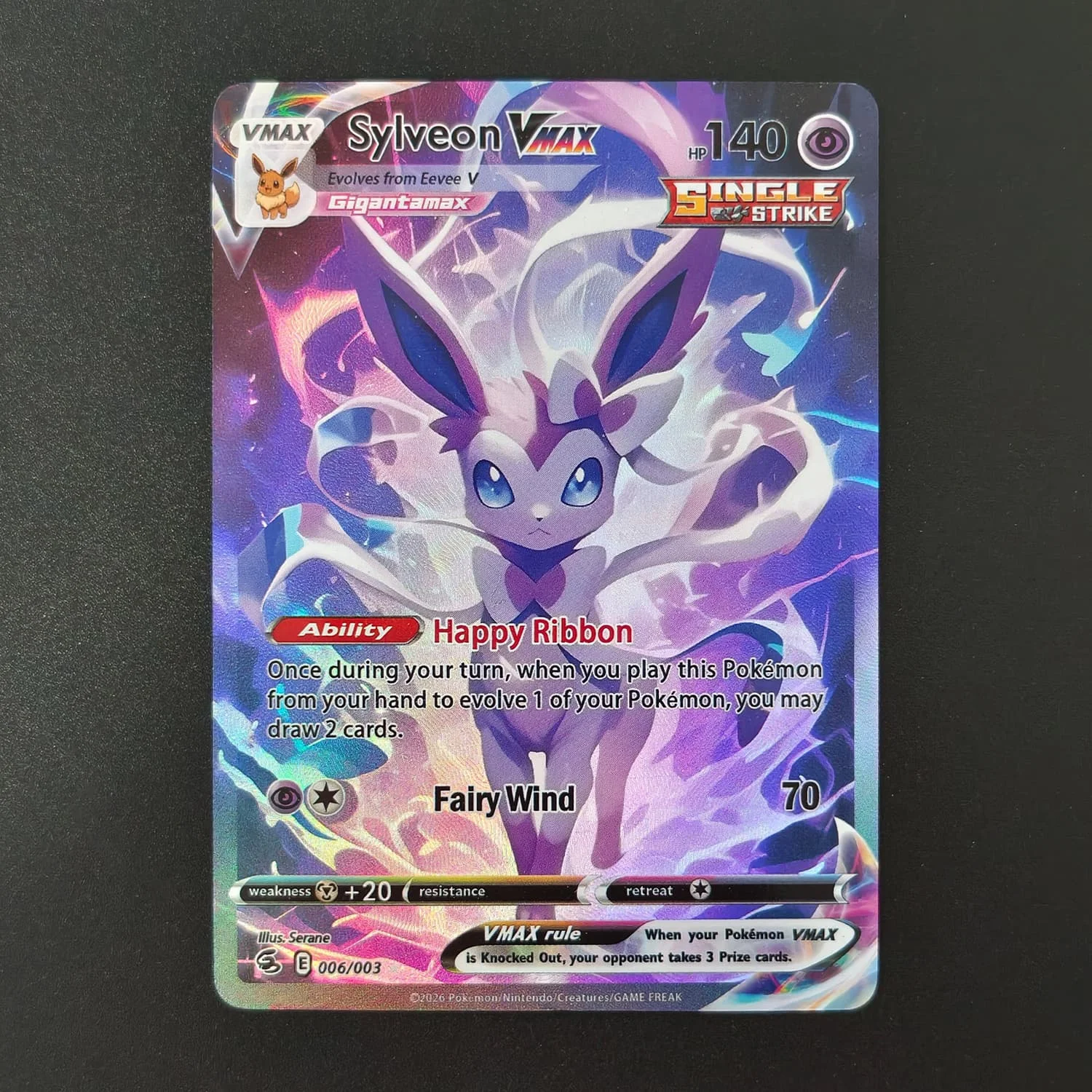 DIY Pokemon Sylveon VMAX 006/003 Holographic Texture English Version Full Art Eeveelution Premium Anime Collection Card
DIY Pokemon Sylveon VMAX 006/003 Holographic Texture English Version Full Art Eeveelution Premium Anime Collection Card