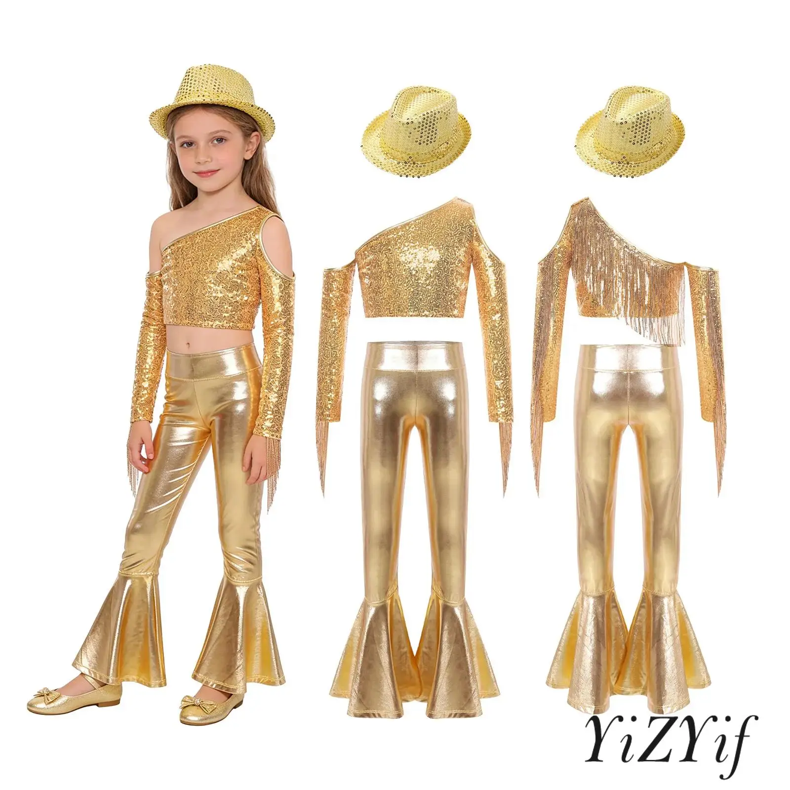 Детский костюм для джазовых выступлений для девочек: топ с одним открытым плечом, длинными рукавами, пайетками и бахромой, металлические брюки-клеш и шляпа.
Детский костюм для джазовых выступлений для девочек: топ с одним открытым плечом, длинными рукавами, пайетками и бахромой, металлические брюки-клеш и шляпа.
