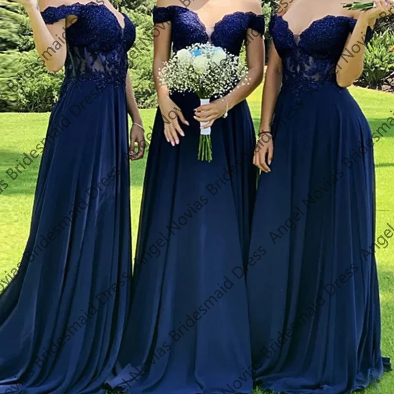 A Line Navy Blue Long Bridesmaid Dresses Off Shoulder Customized Wedding Party Maid Of Honor Dress robes invitée mariage
A Line Navy Blue Long Bridesmaid Dresses Off Shoulder Customized Wedding Party Maid Of Honor Dress robes invitée mariage