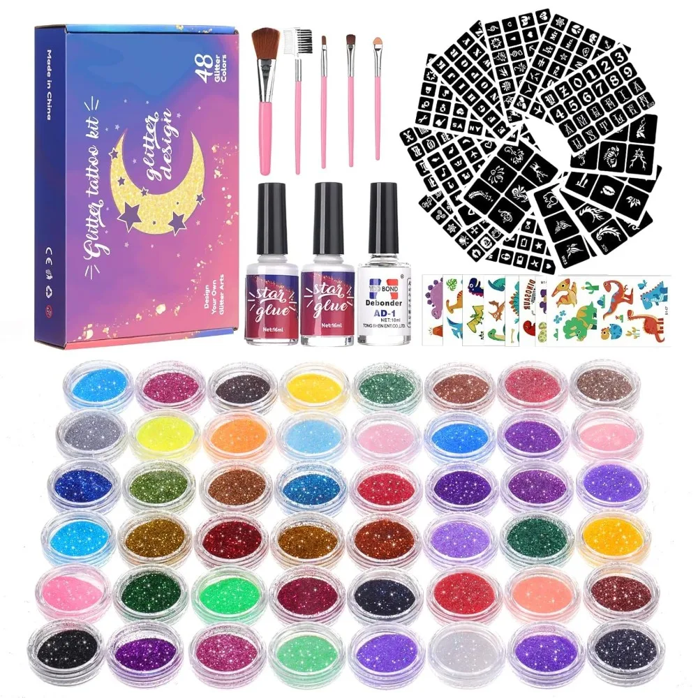 Glitter tattoo 48 colors, 318 glitter tattoo sets, 10 pieces supply shiny temporary tattoo 2 glue
Glitter tattoo 48 colors, 318 glitter tattoo sets, 10 pieces supply shiny temporary tattoo 2 glue