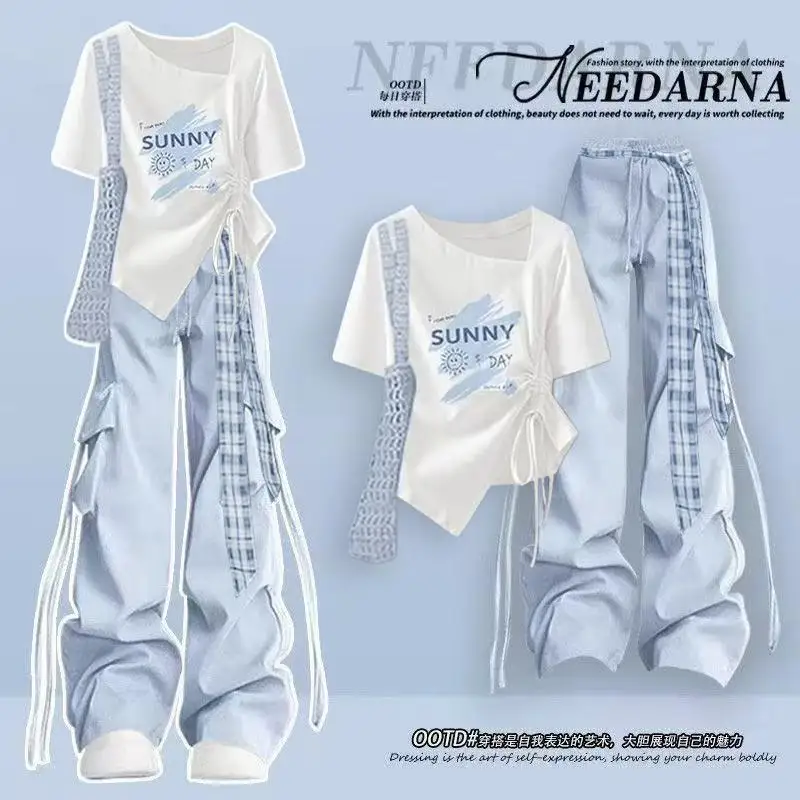 2026 New Korean Dopamine Style Summer Women's Clothing T-Shirt Blue Work Pants Two-Piece Set
2026 New Korean Dopamine Style Summer Women's Clothing T-Shirt Blue Work Pants Two-Piece Set