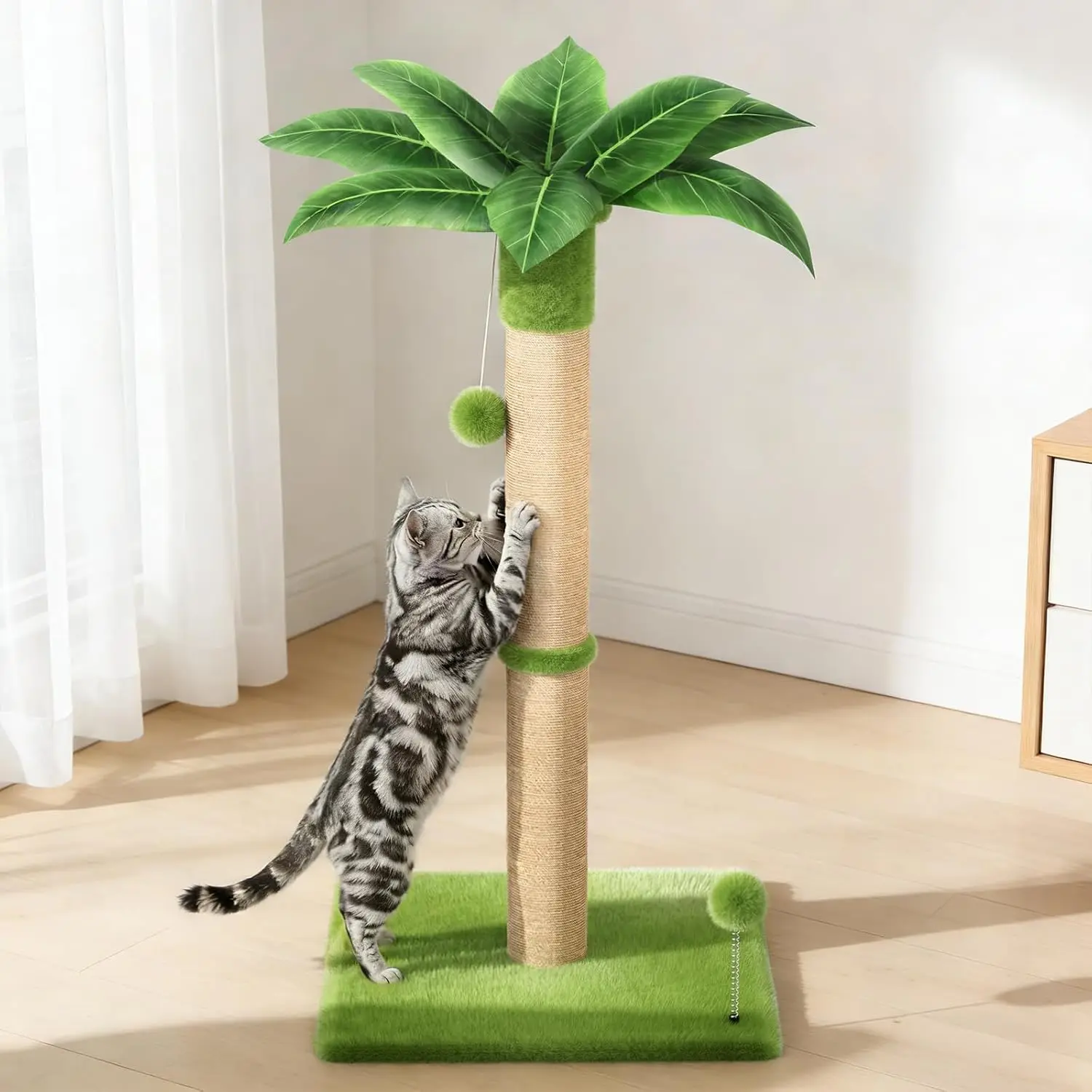 34" Cat Scratching Post, Stable Extra Wide Base, Sisal & Plush, 2 Toy Balls, Green
34" Cat Scratching Post, Stable Extra Wide Base, Sisal & Plush, 2 Toy Balls, Green