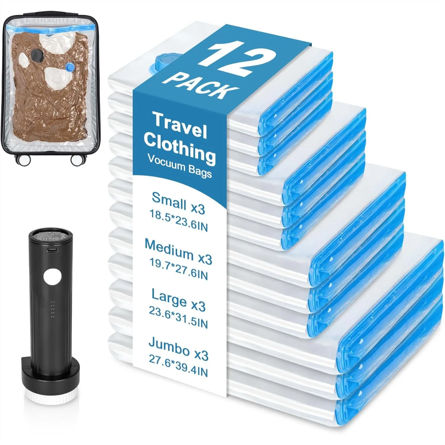 Vacuum Seal Bags for Travel with Rechargeable Air Pump, 12 Pack Space Saver Compression Bags for Luggage and Closet
Vacuum Seal Bags for Travel with Rechargeable Air Pump, 12 Pack Space Saver Compression Bags for Luggage and Closet