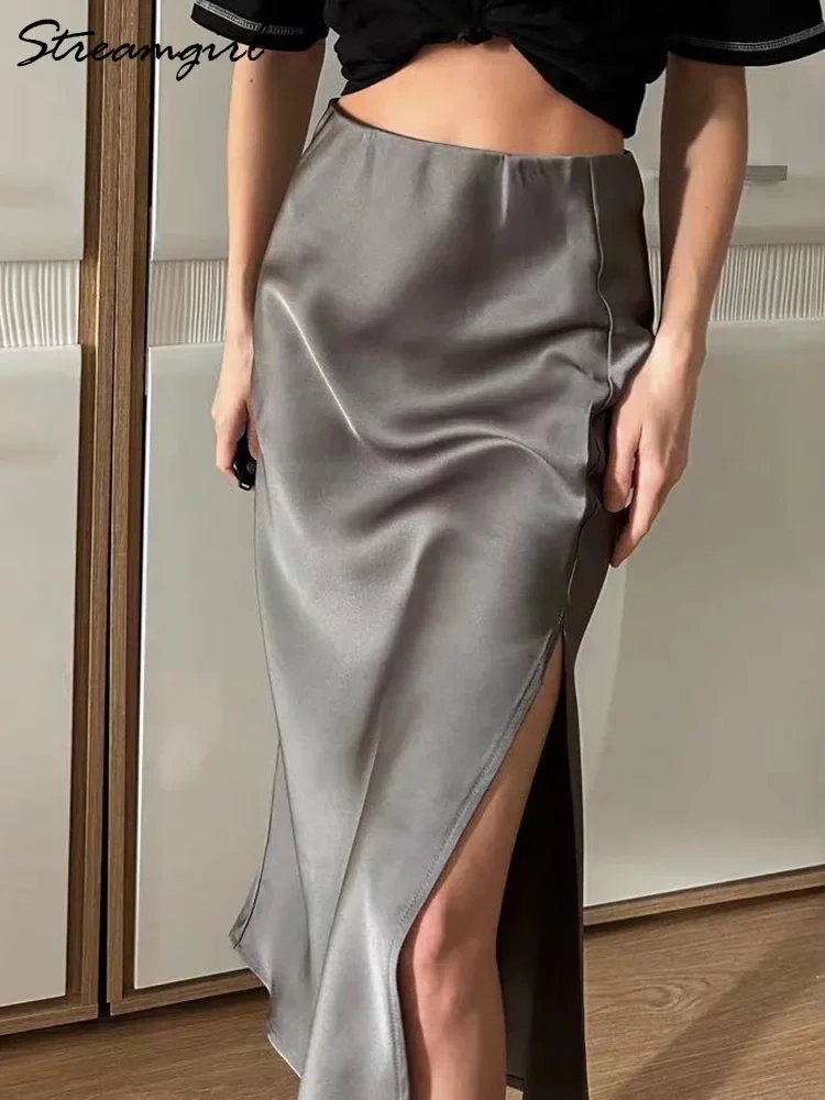 Beige Satin Midi Skirts For Women Summer Elegant Elastic Waist Apricot A Line Satin Skirts With Slit Women Silk Office Wear
Beige Satin Midi Skirts For Women Summer Elegant Elastic Waist Apricot A Line Satin Skirts With Slit Women Silk Office Wear