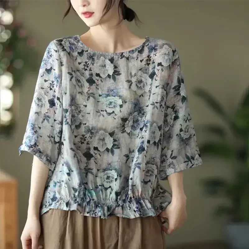 Винтажная свободная блузка с круглым вырезом и принтом, женская одежда, новинка лета 2023, повседневные пуловеры, корейская рубашка с коротким рукавом
Винтажная свободная блузка с круглым вырезом и принтом, женская одежда, новинка лета 2023, повседневные пуловеры, корейская рубашка с коротким рукавом