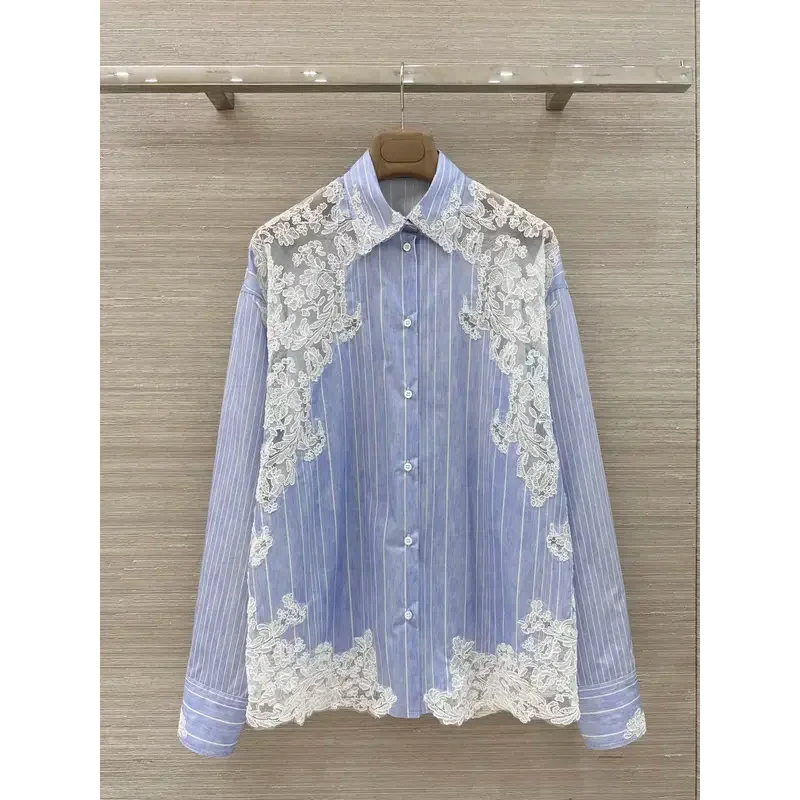 Women Lace Embroidery Patchwork Shirt Blue Striped Turn-down Collar Long Sleeve Single Breasted Casual Loose Cotton Blouse Top
Women Lace Embroidery Patchwork Shirt Blue Striped Turn-down Collar Long Sleeve Single Breasted Casual Loose Cotton Blouse Top