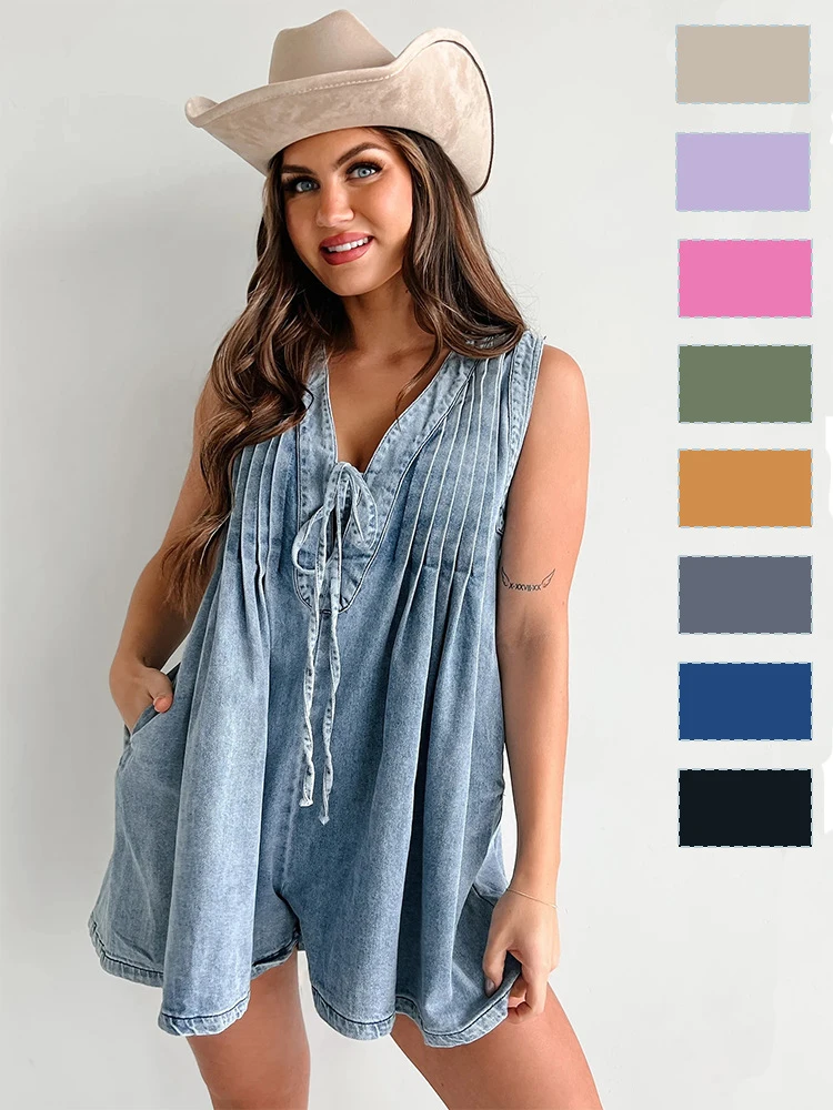 Summer 2026 Women's Trendy Streetwear Sleeveless Cowboy Jumpsuit Short Sleeved Casual Fashion for Ladies
Summer 2026 Women's Trendy Streetwear Sleeveless Cowboy Jumpsuit Short Sleeved Casual Fashion for Ladies