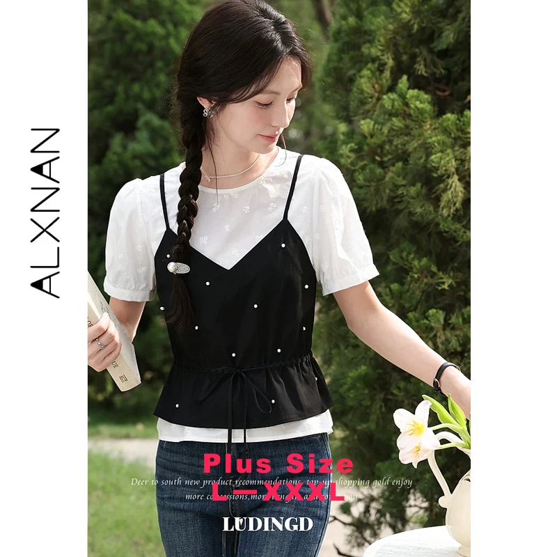ALXNAN Plus Size Black White Spliced Faux Two-piece Short Sleeve T-shirt Polka Dot Floral Embroidery Sweet Elegant Tops D63799
ALXNAN Plus Size Black White Spliced Faux Two-piece Short Sleeve T-shirt Polka Dot Floral Embroidery Sweet Elegant Tops D63799