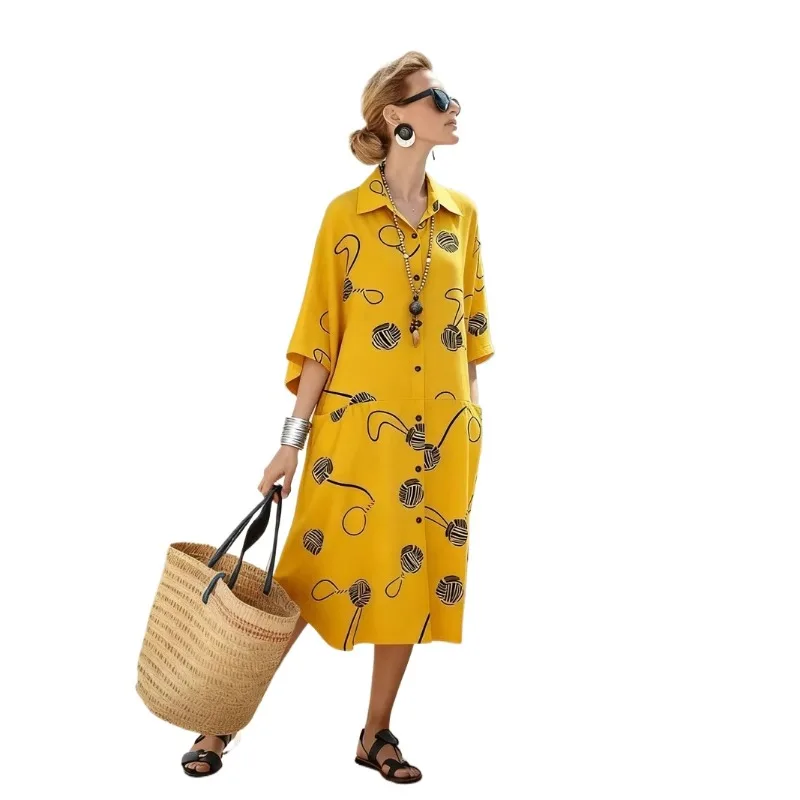 Loose Printed Shirt Dress Ladies Lapel Half Sleeve Button Front Summer Beach Loose Casual with Side Pockets Midi Tunic Dress
Loose Printed Shirt Dress Ladies Lapel Half Sleeve Button Front Summer Beach Loose Casual with Side Pockets Midi Tunic Dress