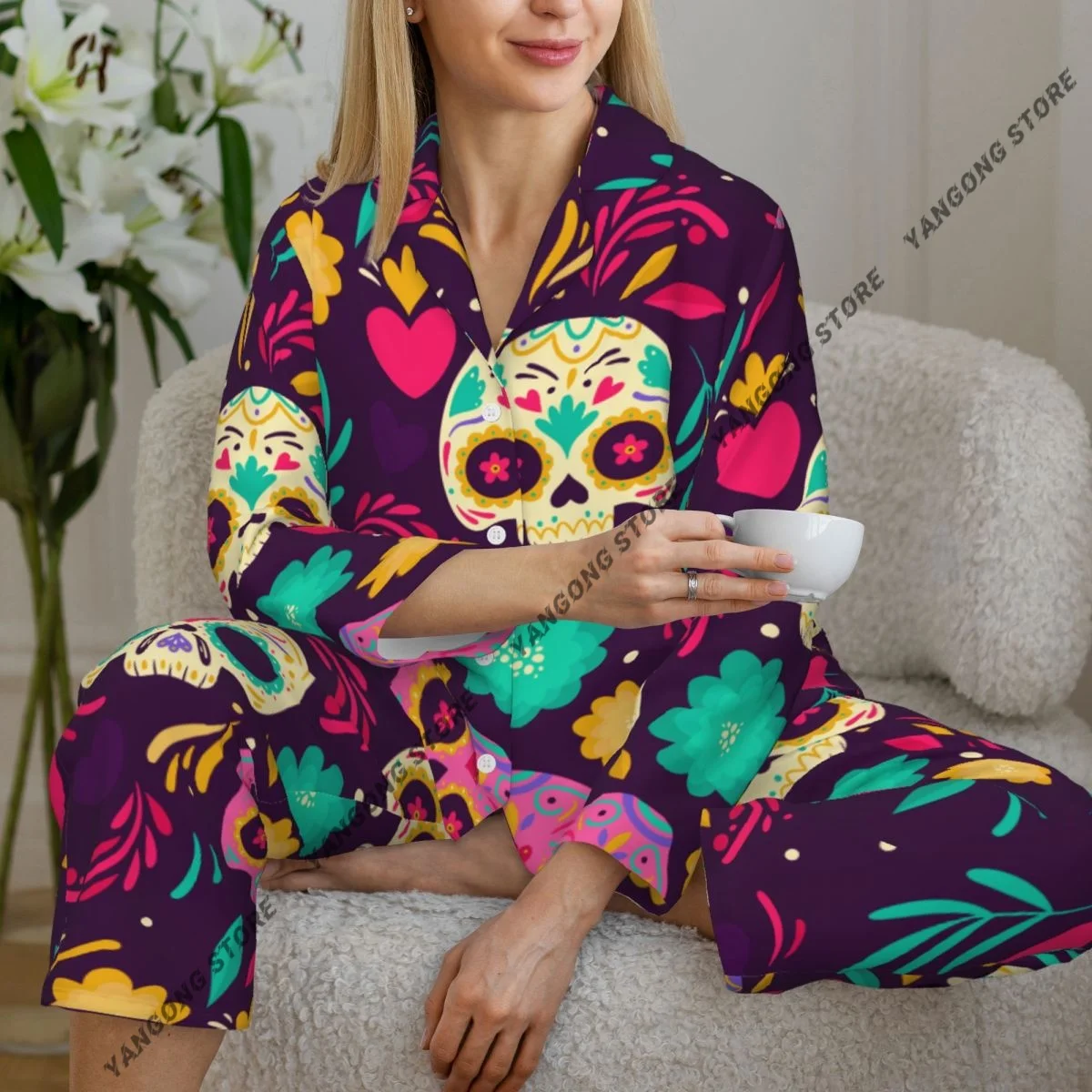 Women's Pajamas Long-sleeved Girl Loungewear Two-piece Set Day Dead Style Pajamas for Autumn Spring
Women's Pajamas Long-sleeved Girl Loungewear Two-piece Set Day Dead Style Pajamas for Autumn Spring