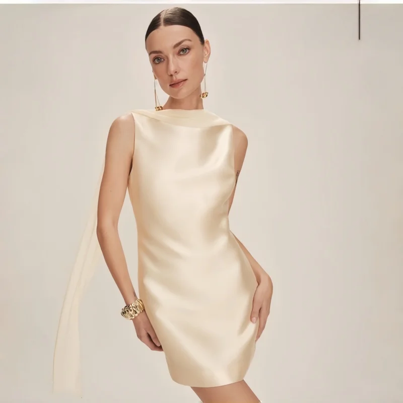 Champagne Satin Cowl Neck Mini Dress With Flowing Scarf Low Open Back Bodycon Evening Gown For Women Party Cocktail Formal
Champagne Satin Cowl Neck Mini Dress With Flowing Scarf Low Open Back Bodycon Evening Gown For Women Party Cocktail Formal