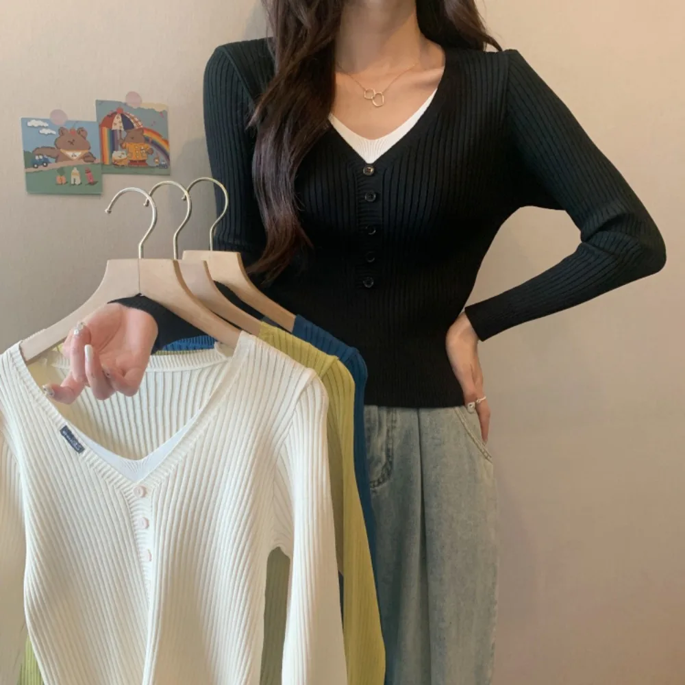Fake Two Piece Top Women Slim Casual V-neck Long Sleeve Knitwear Pullover Jumper
Fake Two Piece Top Women Slim Casual V-neck Long Sleeve Knitwear Pullover Jumper