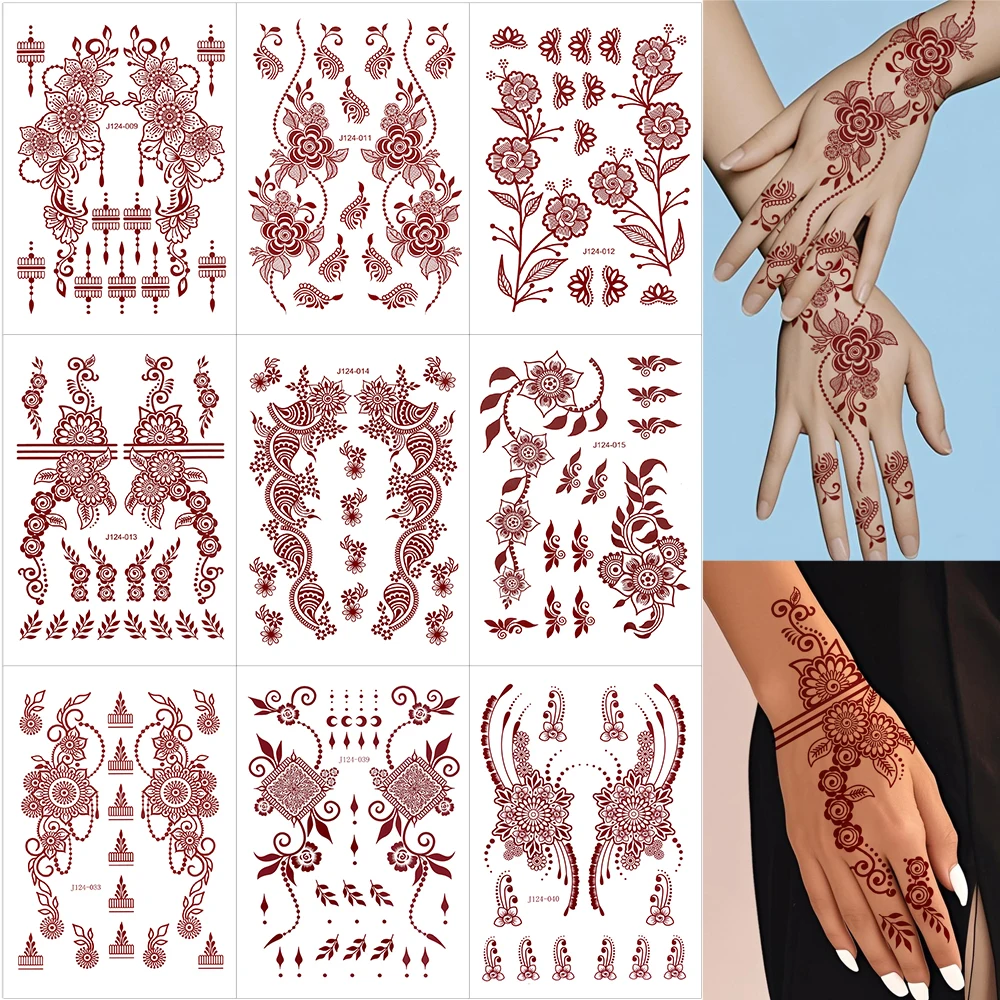 9pcs/pack Brown Henna Tattoo Stickers for Hand Maroon Henna Temporary Tattoos Flower Fake Tattoo for Women Festival Body Art
9pcs/pack Brown Henna Tattoo Stickers for Hand Maroon Henna Temporary Tattoos Flower Fake Tattoo for Women Festival Body Art