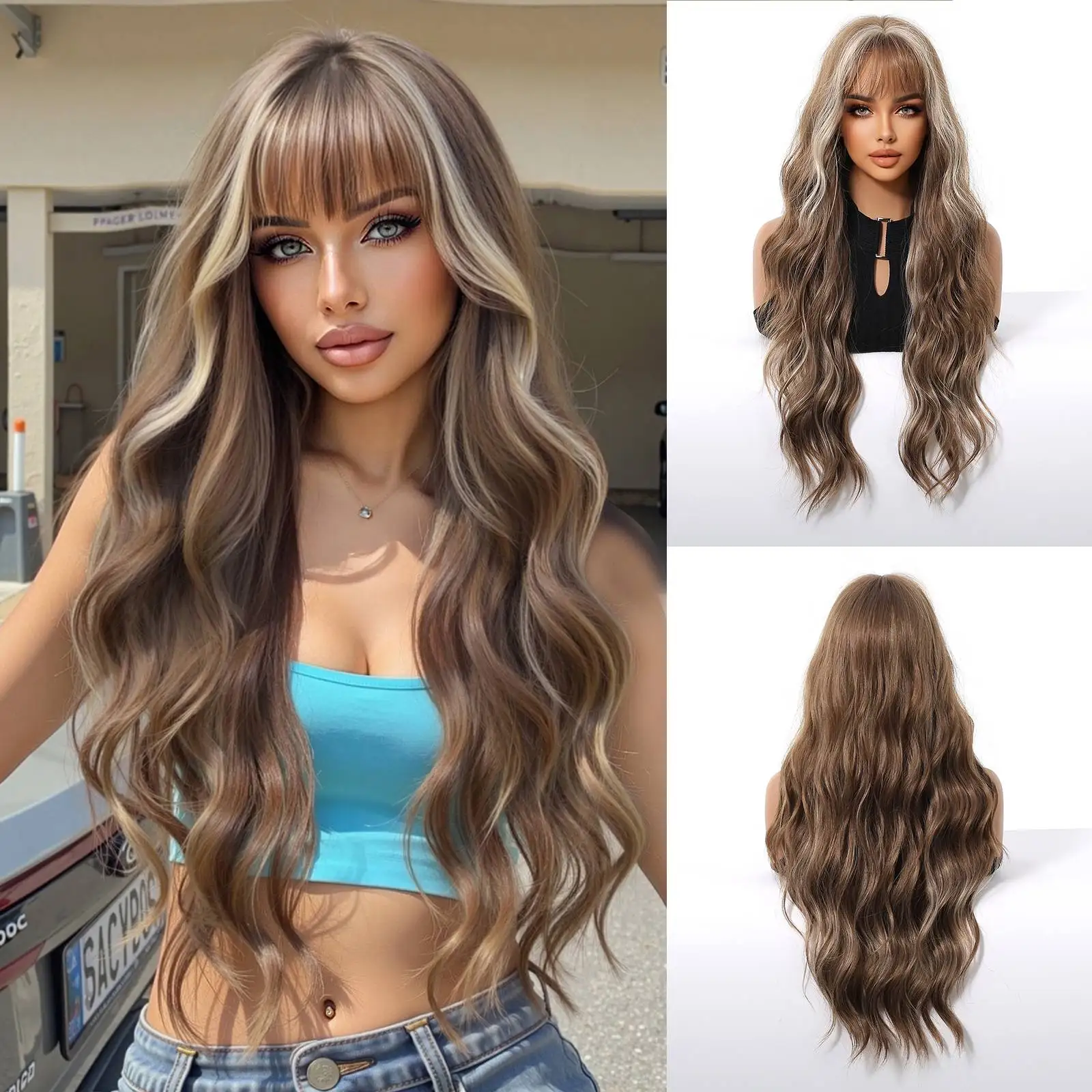 Brown with Blonde Highlights Long Wavy Wig with Fringe, Natural Looking Heat Resistant Synthetic Wig
Brown with Blonde Highlights Long Wavy Wig with Fringe, Natural Looking Heat Resistant Synthetic Wig