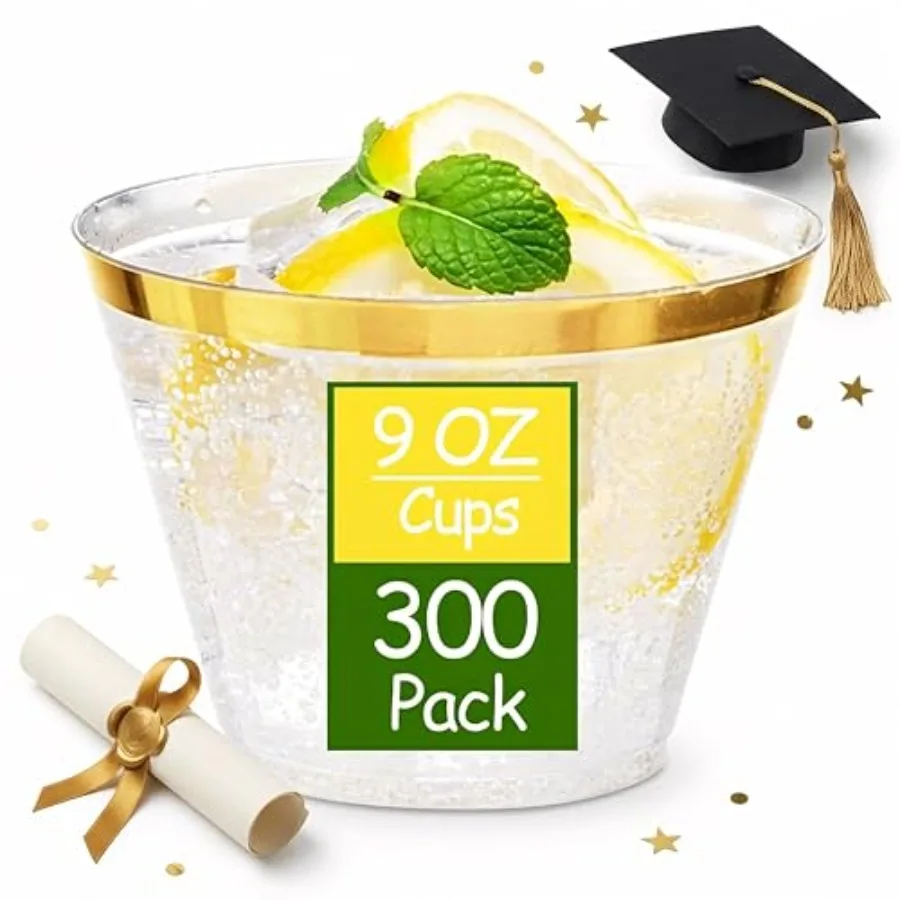 300PCS Gold Plastic Cups - 9Oz Heavy Duty Plastic Cups - Gold Rimmed Disposable Cup - Disposable Clear Wine Cup with Gold Rim f
300PCS Gold Plastic Cups - 9Oz Heavy Duty Plastic Cups - Gold Rimmed Disposable Cup - Disposable Clear Wine Cup with Gold Rim f