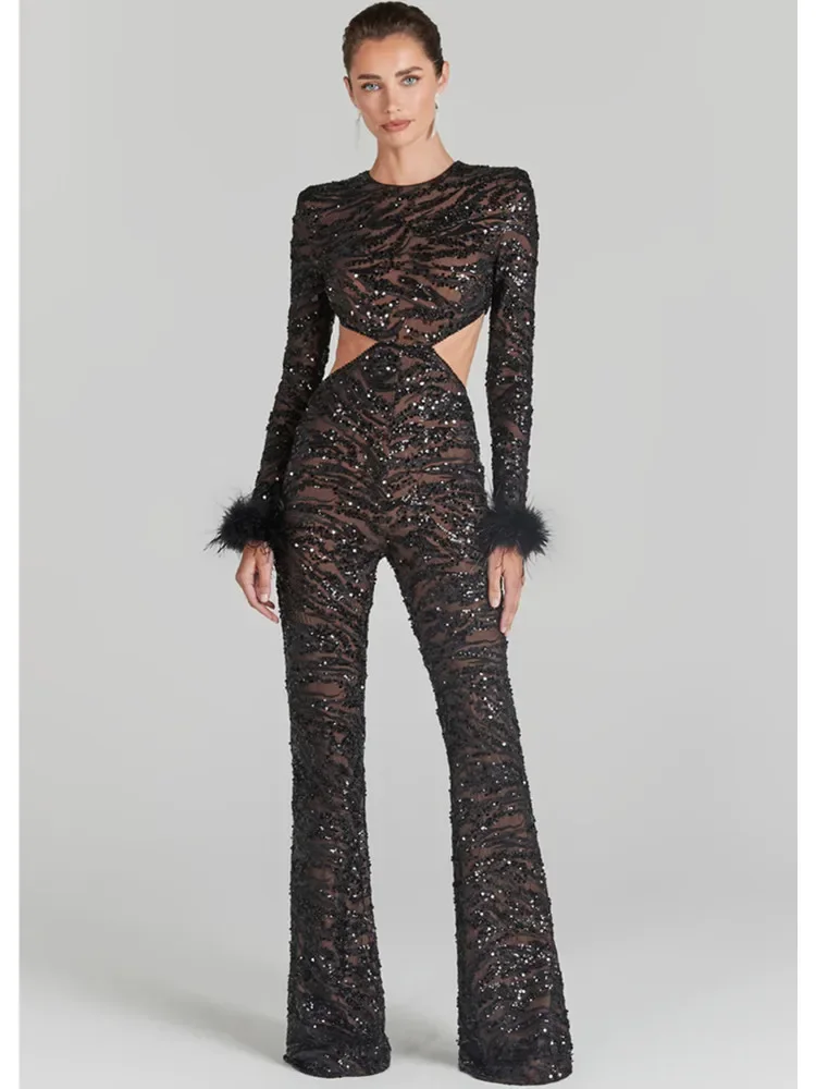 Sexy Elegant Black Sequines Embroidery Jumpsuits for Women Party Long Sleeve Furry Cut Out Celebrity Evening Rompers Going Out
Sexy Elegant Black Sequines Embroidery Jumpsuits for Women Party Long Sleeve Furry Cut Out Celebrity Evening Rompers Going Out