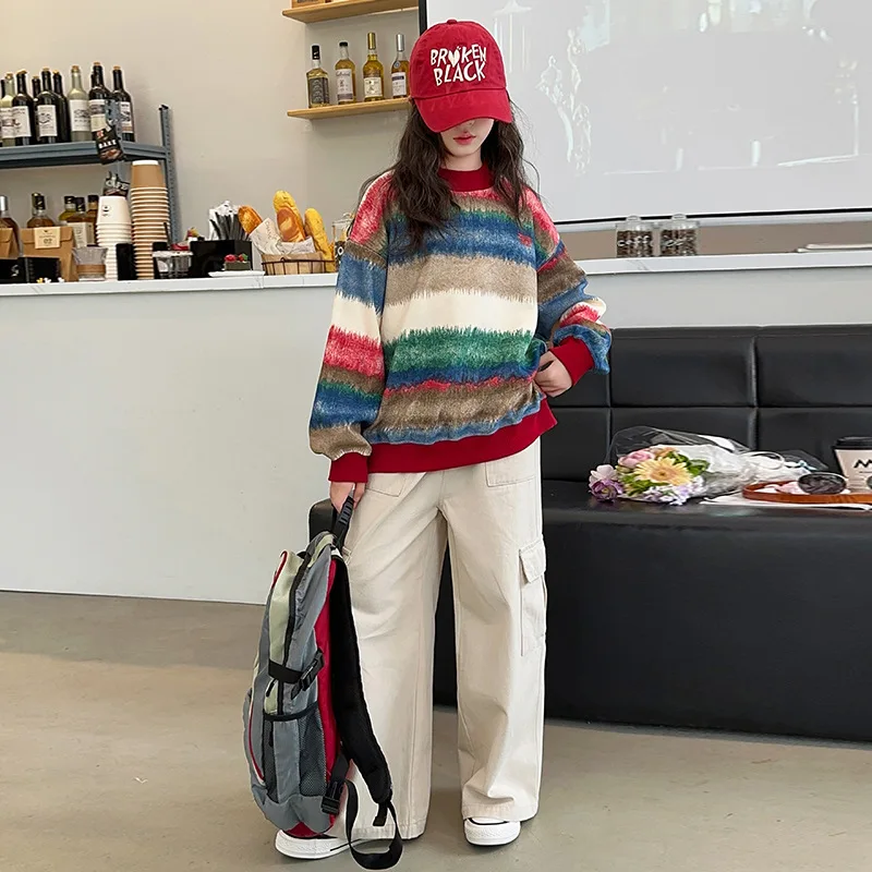 Spring Autumn Child Girl Tracksuit School Girl Colorful Wide Stripe Pullovers+Multi Pocket Straight Pants Students Clothes Sets
Spring Autumn Child Girl Tracksuit School Girl Colorful Wide Stripe Pullovers+Multi Pocket Straight Pants Students Clothes Sets