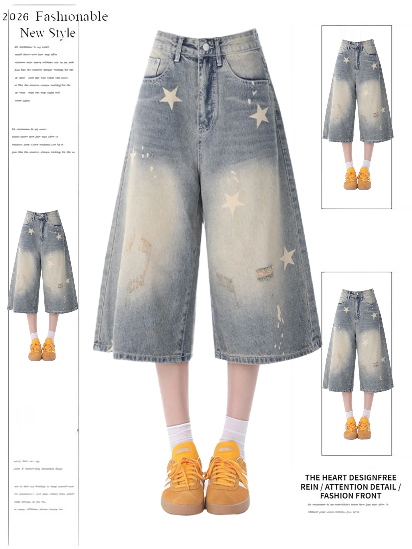 Retro American Star Print Distred Denim orts Women's Loose Fit High Waist Wide Leg Pants Summer New Sle Blue Jeans
Retro American Star Print Distred Denim orts Women's Loose Fit High Waist Wide Leg Pants Summer New Sle Blue Jeans