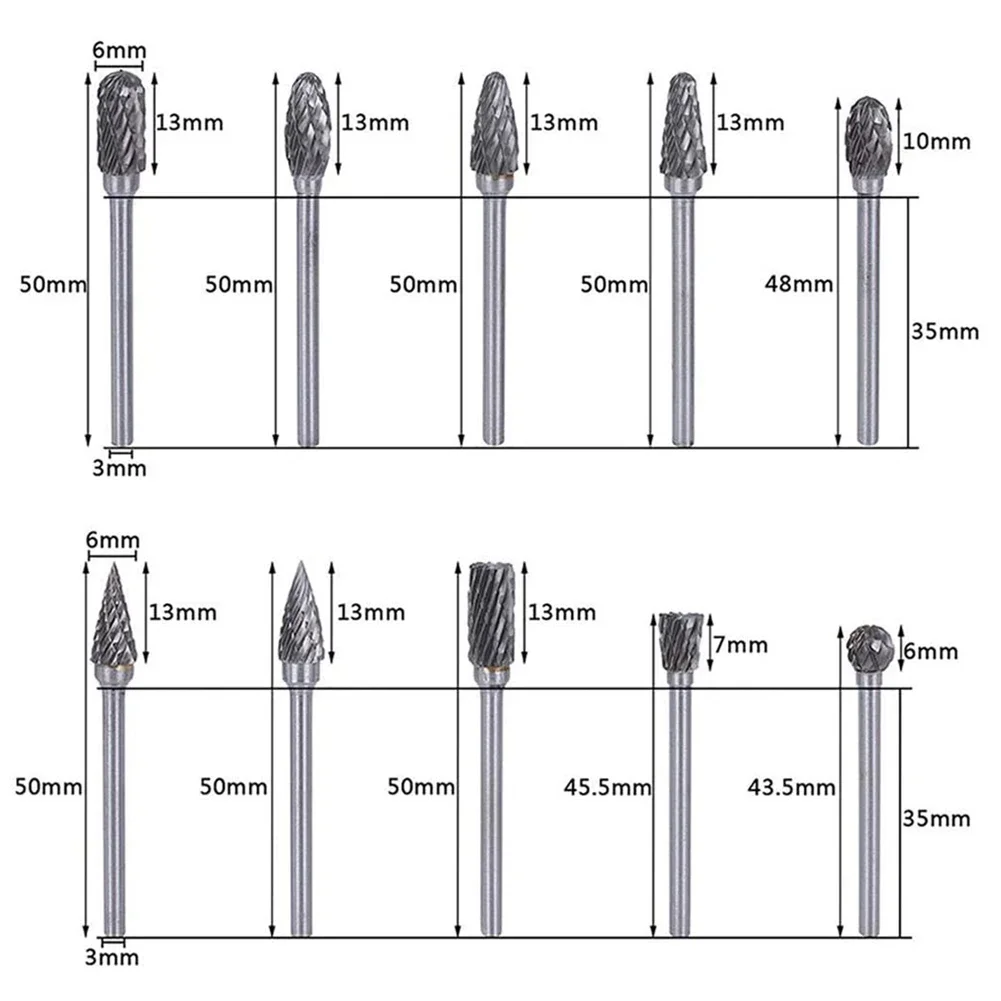 Carving Bit Rotary Burr 3x6mm 45-50mm Double Cut Drill Silver 10 Pcs 3mm Shank Grinder High Quality Replacement
Carving Bit Rotary Burr 3x6mm 45-50mm Double Cut Drill Silver 10 Pcs 3mm Shank Grinder High Quality Replacement