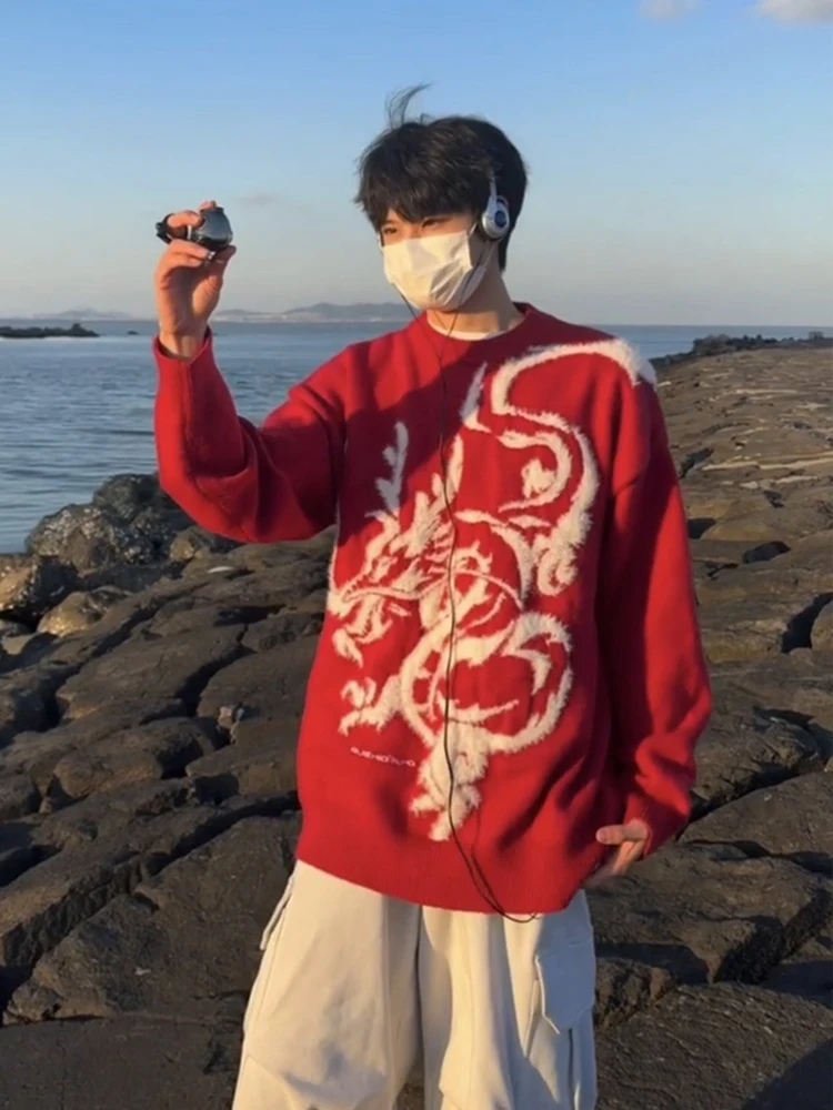 Red Knitted Sweater Men's Winter Loose Fit Tassel Dragon Embroidery High End Feeling Casual Wear Polyester Fiber Long Sve
Red Knitted Sweater Men's Winter Loose Fit Tassel Dragon Embroidery High End Feeling Casual Wear Polyester Fiber Long Sve