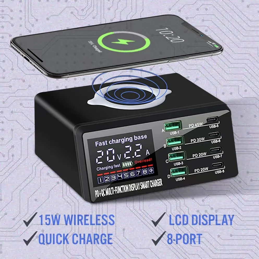 8-Port LCD Quick Charge USB Charger Wireless Charger USB C PD Fast Charger for iPhone 13 12 Pro MacBook Air Samsung S20 Xiaomi
8-Port LCD Quick Charge USB Charger Wireless Charger USB C PD Fast Charger for iPhone 13 12 Pro MacBook Air Samsung S20 Xiaomi