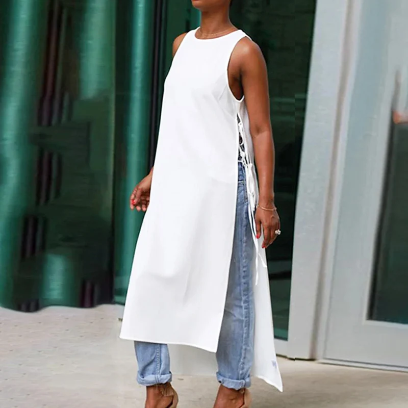 Modigirl 2025 Lace-up Sleeveless Maxi Length Shirts Blouse for Women Summer High-low Split-joint Woman White Chic Long Tops
Modigirl 2025 Lace-up Sleeveless Maxi Length Shirts Blouse for Women Summer High-low Split-joint Woman White Chic Long Tops