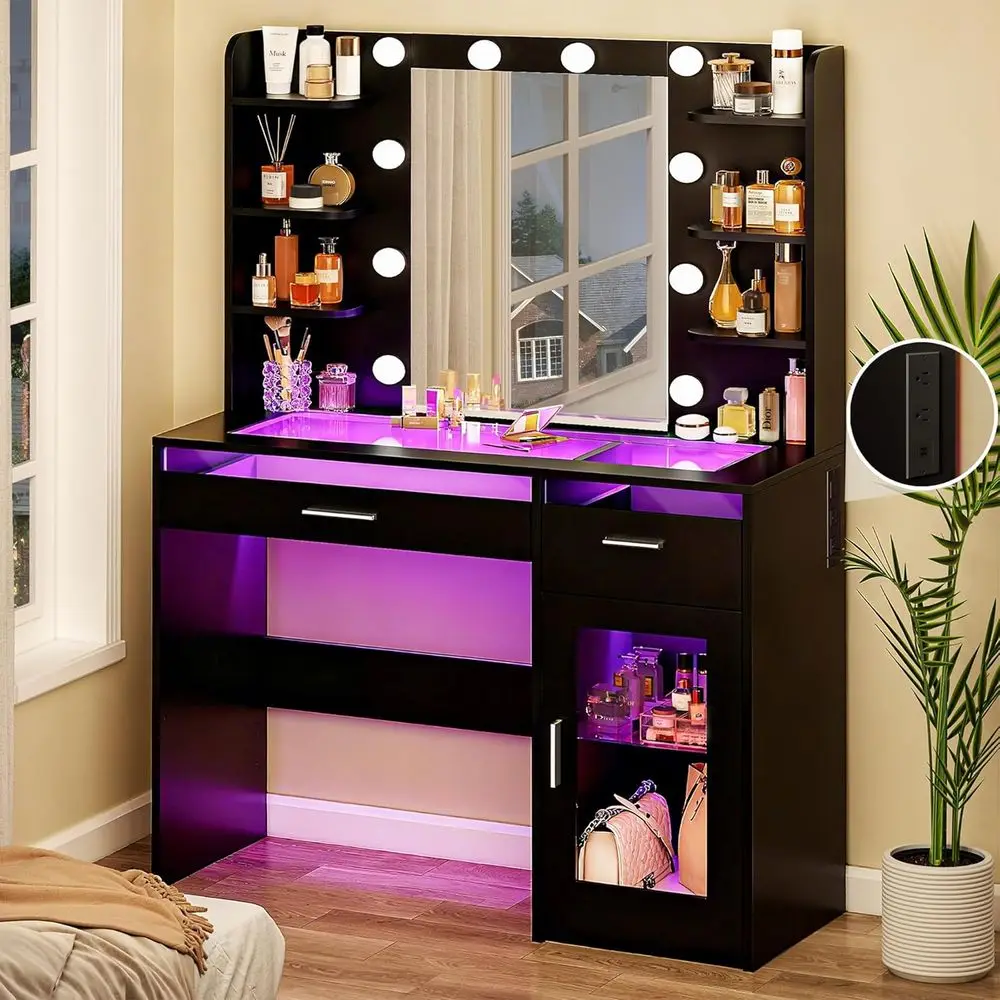 Modern 3-Color LED Lighted Vanity Desk with Tempered Glass Top, 6 Shelves, and Cabinet, Ideal for Bedroom Makeup Area, Black
Modern 3-Color LED Lighted Vanity Desk with Tempered Glass Top, 6 Shelves, and Cabinet, Ideal for Bedroom Makeup Area, Black