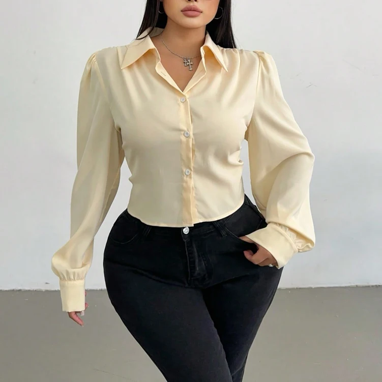Plus Size Curvy Women Cream Satin Crop Shirt Lapel Collar Puff Long Sleeve Button Down Elegant Office Commuter Short Blouse Slim
Plus Size Curvy Women Cream Satin Crop Shirt Lapel Collar Puff Long Sleeve Button Down Elegant Office Commuter Short Blouse Slim