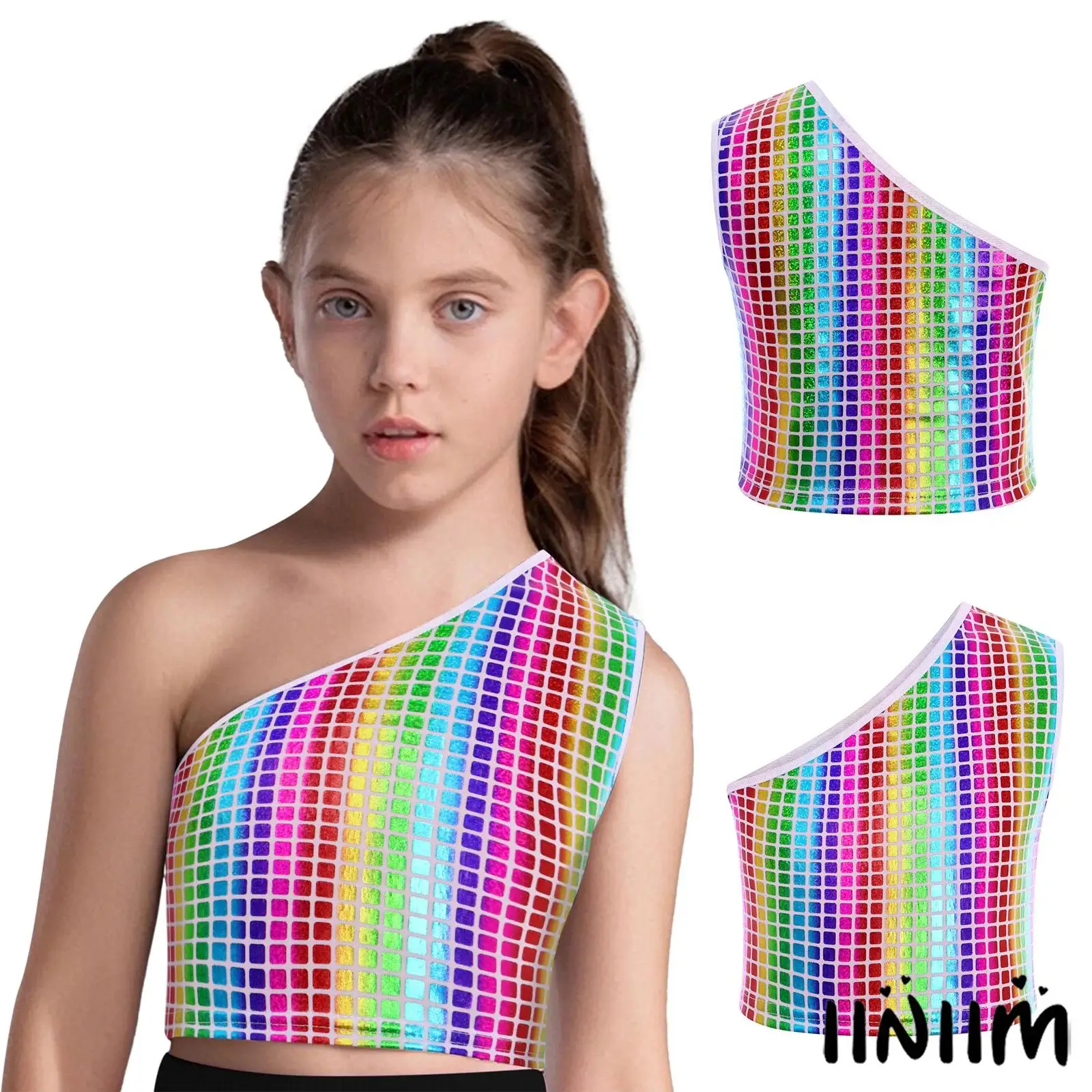 Kids Girls Hip-Hop Dance Costume One Shoulder Metallic Plaid Vest Sleeveless Jazz Dance Crop Top Modern Yoga Gym Dance Wear 
Kids Girls Hip-Hop Dance Costume One Shoulder Metallic Plaid Vest Sleeveless Jazz Dance Crop Top Modern Yoga Gym Dance Wear