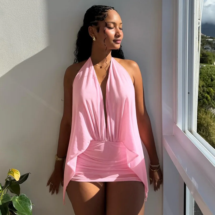 【New style】- 2026 spring new style European and American style sexy solid color mesh fake two-piece hanging neck exposed back
【New style】- 2026 spring new style European and American style sexy solid color mesh fake two-piece hanging neck exposed back