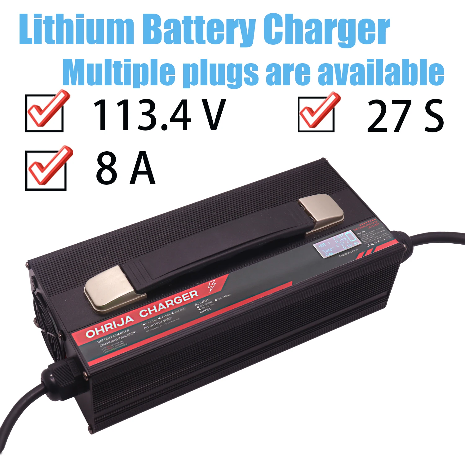 113.4V 8A High power Aluminum Shell LCD Li-ion Battery Charger is Suitable 27S 99.9V Battery Fast Charging Heat dissipation
113.4V 8A High power Aluminum Shell LCD Li-ion Battery Charger is Suitable 27S 99.9V Battery Fast Charging Heat dissipation